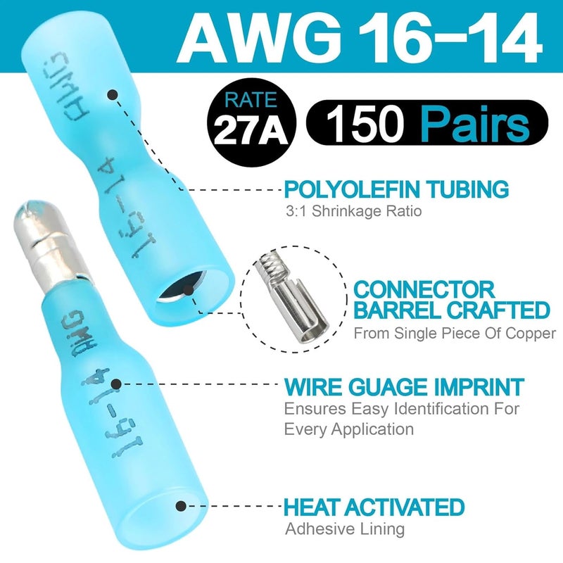 Ingoulut 300PCS Heat Shrink Bullet Connectors for Wiring AWG 16-14 Blue Waterproof Quick Disconnect Electrical Insulated Male&Female Wire Terminals Kit for Marine Automotive Wire Crimp Connectors - Image 2